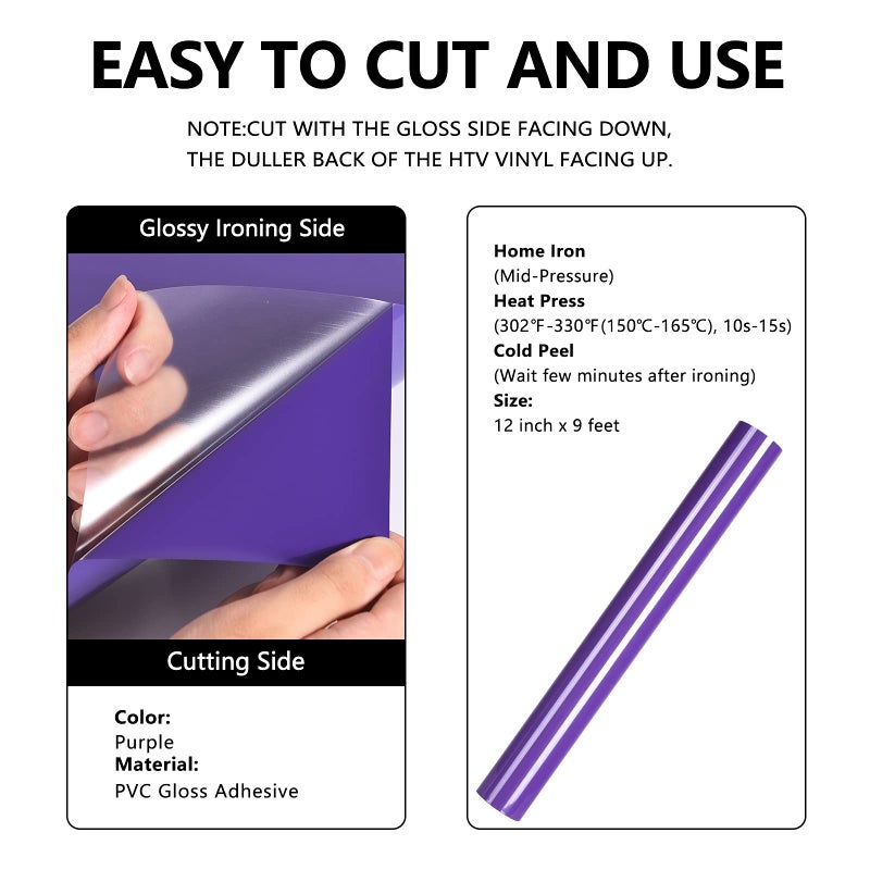 Funkaka Purple HTV Heat Transfer Vinyl Rolls - 12" x 9ft Glossy Iron-On Vinyl for T-Shirts & All Cutters Easy to Cut & Weed - Image 2